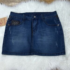 True Religion Womens Denim Skirt Blue Distressed Leather Accent Size‎ 30